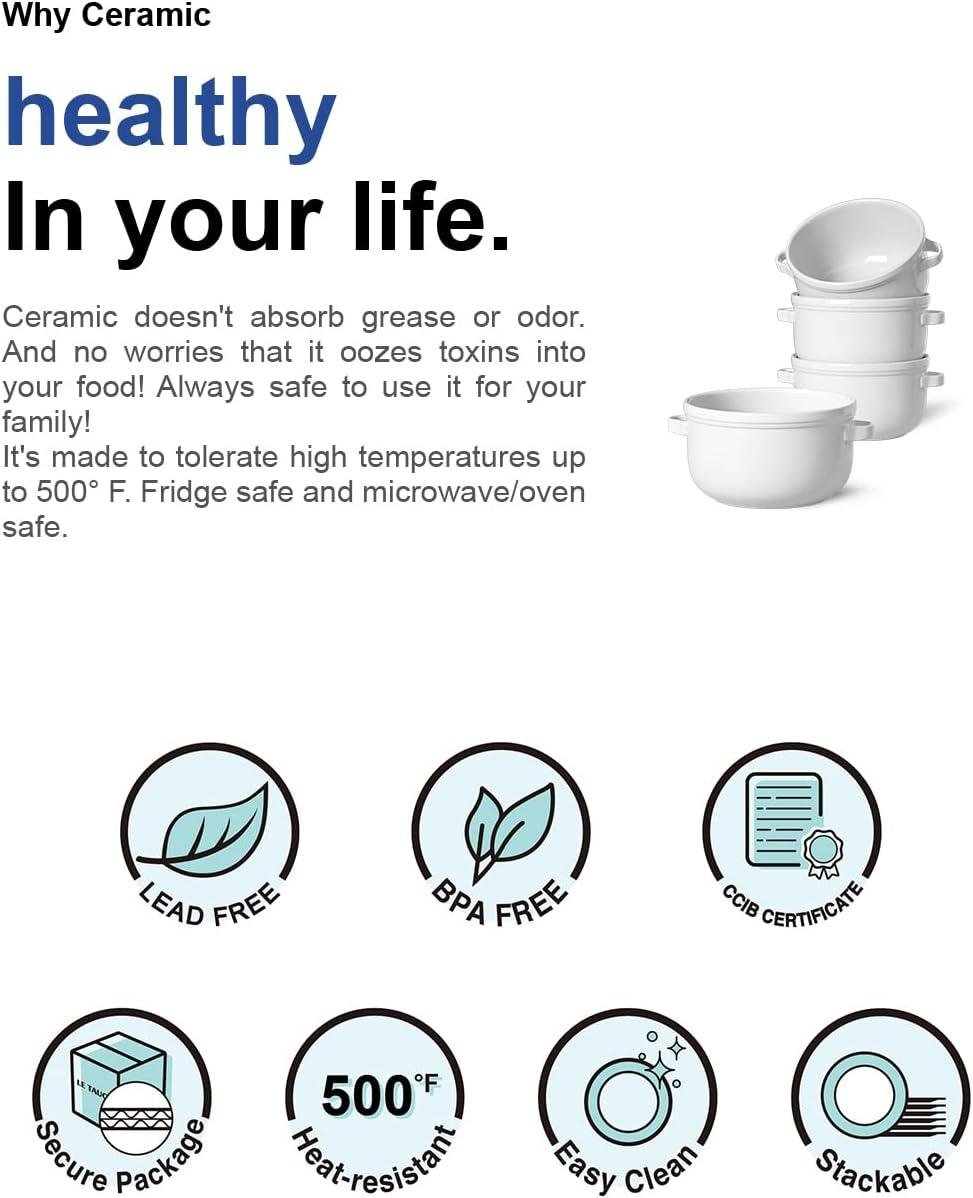 OEM 28 oz Soup Bowls With Handles, 5.5 inch Ceramic Crocks for Chili, Beef Stew, Cereal, Oven Safe, Microwave Dishwasher Safe, Set of 4, White Factory OEM 28 oz Soup Bowls With Handles, 5.5 inch Ceramic Crocks for Chili, Beef Stew, Cereal, Oven Safe, Microwave Dishwasher Safe, Set of 4, White Factory