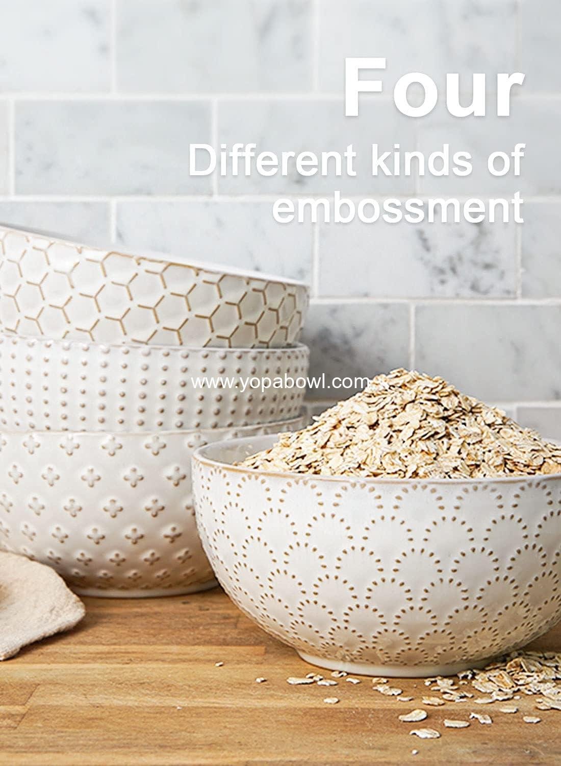 Wholesale Embossed Ceramic Cereal Bowls, 26 oz Soup Bowl Set for Pho, Chips, Fruits, Salad, Noodles, Ramen - 6 Inch, Set of 4, Arctic White Factory