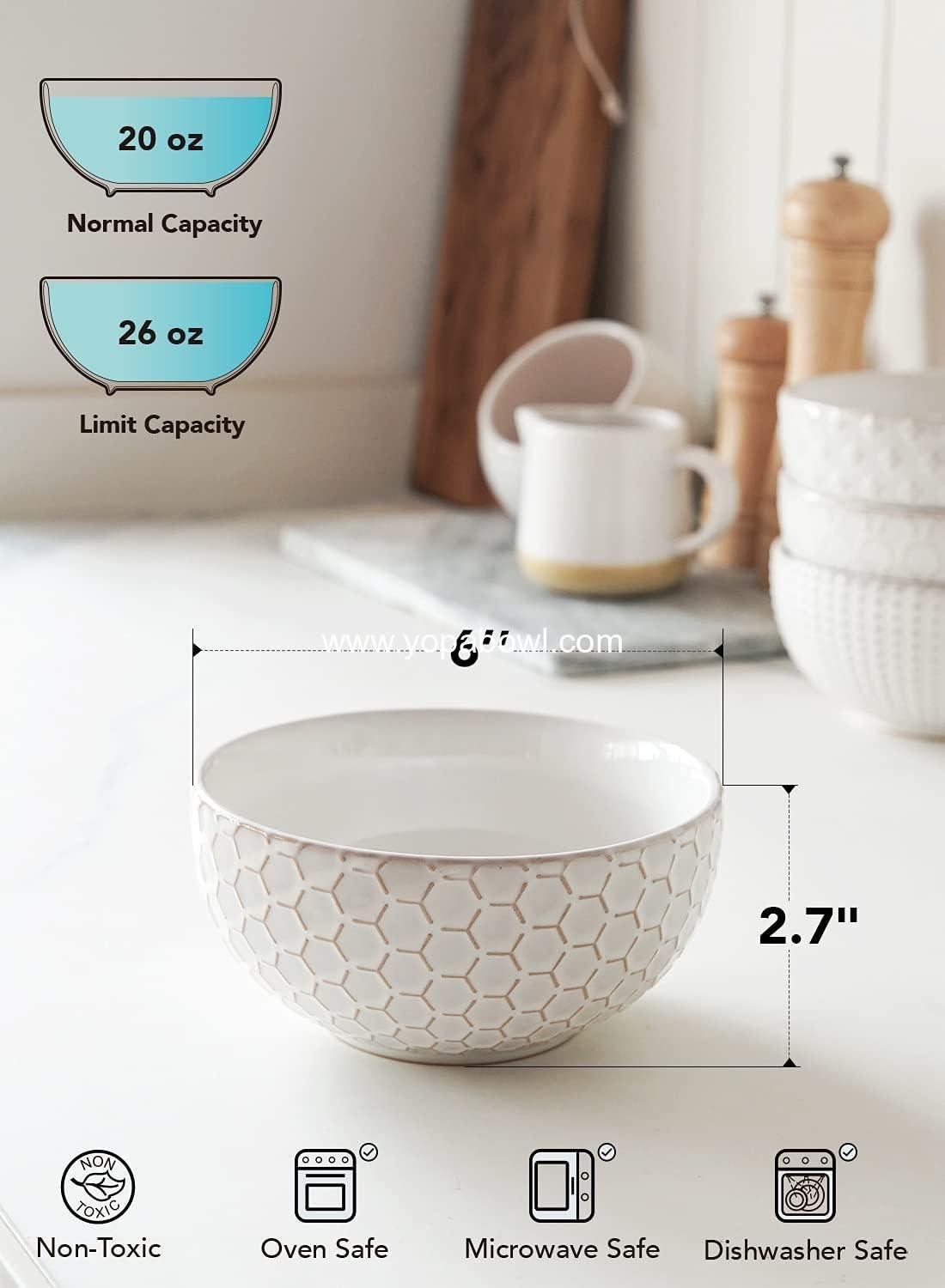 Wholesale Embossed Ceramic Cereal Bowls, 26 oz Soup Bowl Set for Pho, Chips, Fruits, Salad, Noodles, Ramen - 6 Inch, Set of 4, Arctic White Factory
