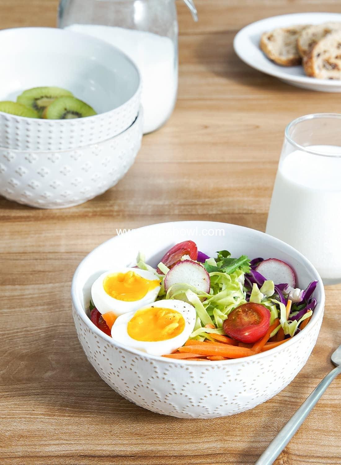 Wholesale Embossed Ceramic Cereal Bowls, 26 oz Soup Bowl Set for Pho, Chips, Fruits, Salad, Noodles, Ramen - 6 Inch, Set of 4, Arctic White Factory