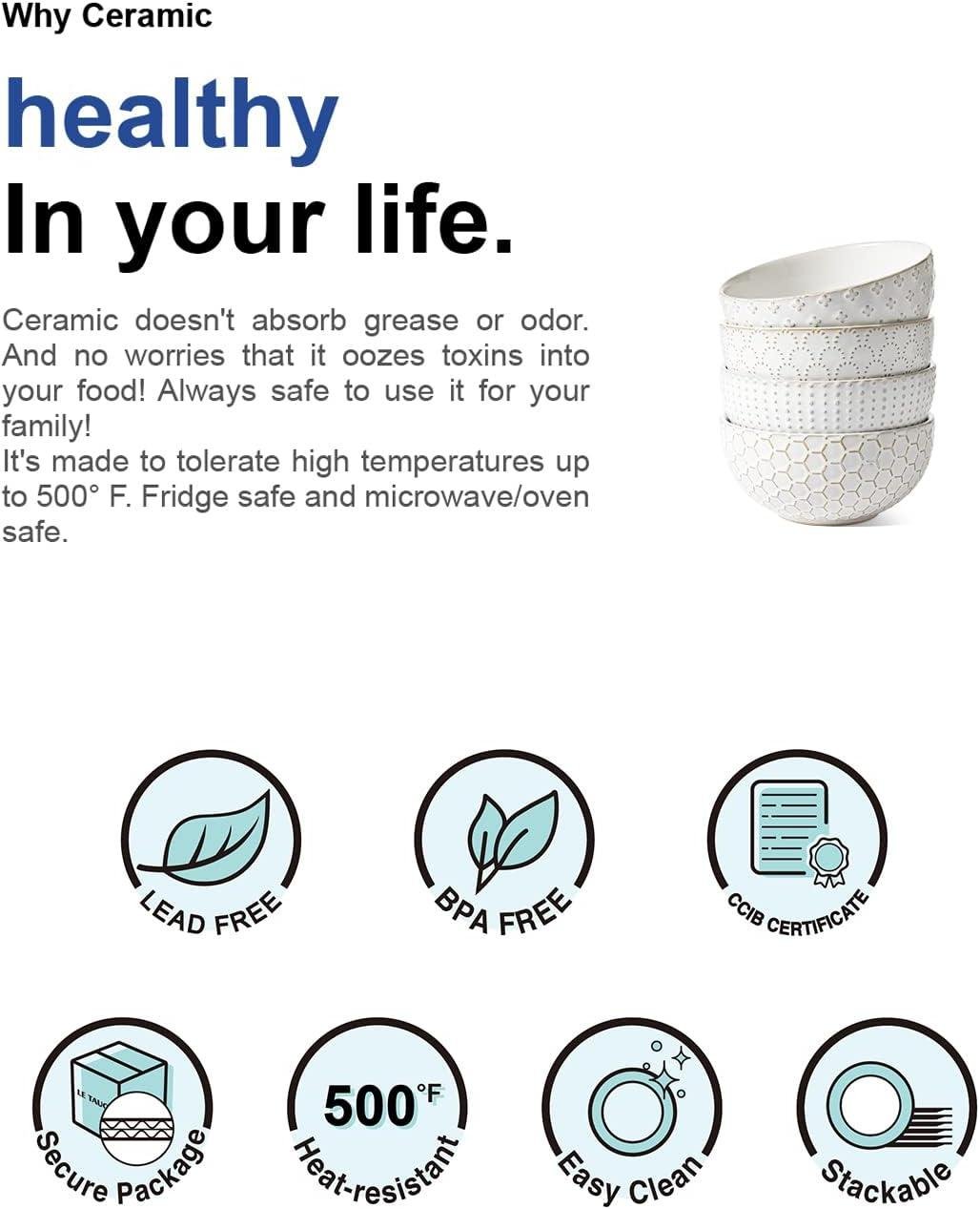 Wholesale Embossed Ceramic Cereal Bowls, 26 oz Soup Bowl Set for Pho, Chips, Fruits, Salad, Noodles, Ramen - 6 Inch, Set of 4, Arctic White Factory