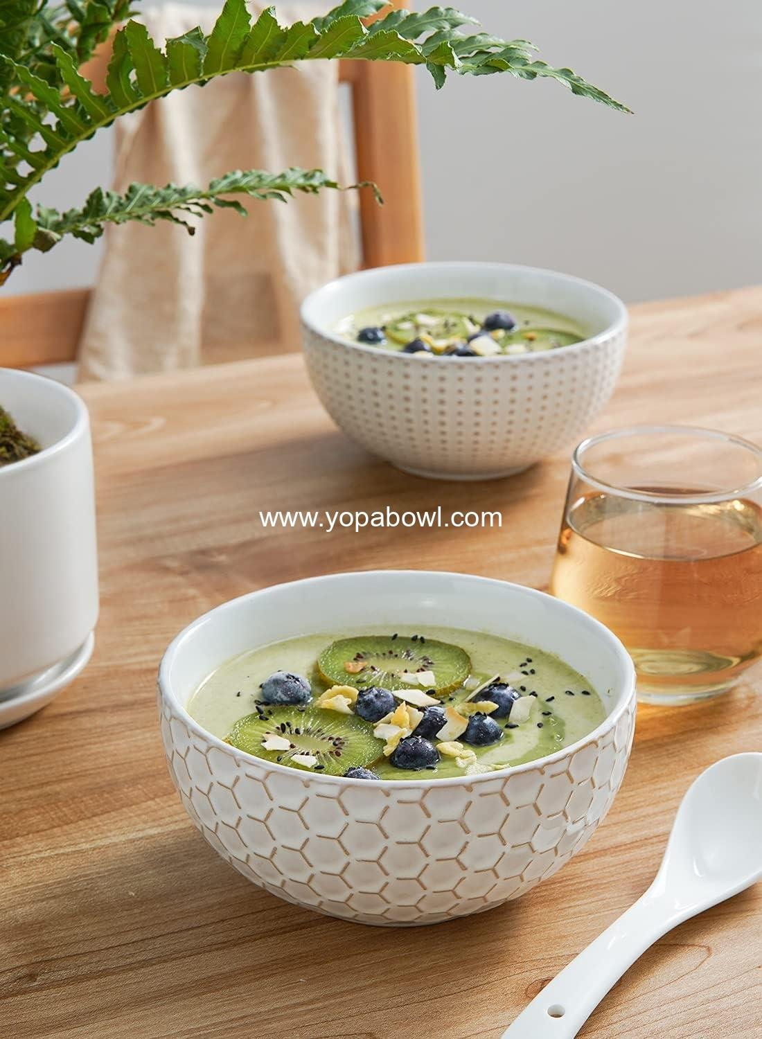 Wholesale Embossed Ceramic Cereal Bowls, 26 oz Soup Bowl Set for Pho, Chips, Fruits, Salad, Noodles, Ramen - 6 Inch, Set of 4, Arctic White Factory