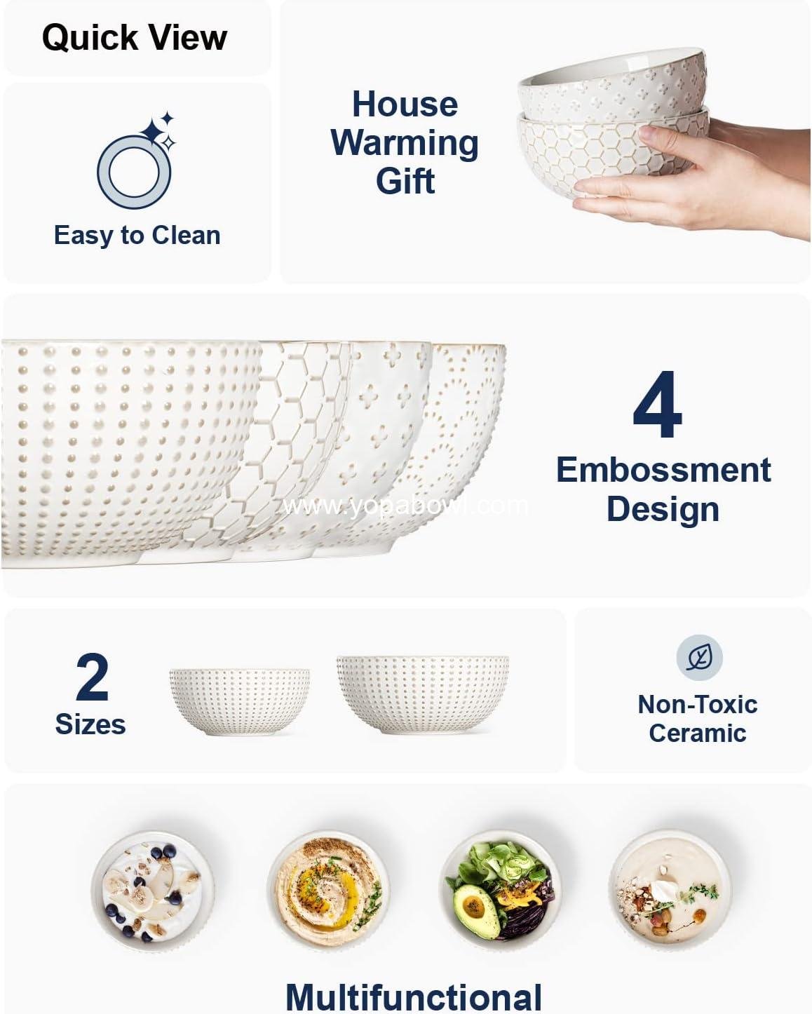 Wholesale Embossed Ceramic Cereal Bowls, 26 oz Soup Bowl Set for Pho, Chips, Fruits, Salad, Noodles, Ramen - 6 Inch, Set of 4, Arctic White Factory