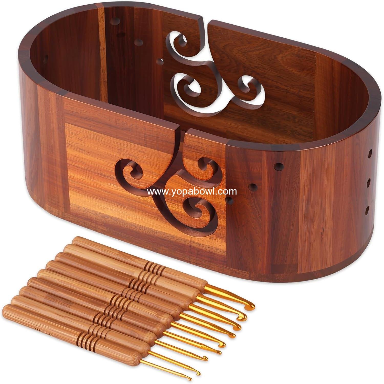 Wooden Yarn Bowl for Knitting & Crocheting with 9 Crochet Hooks, Tangle-Free Yarn Storage Bowl, Smooth Finish Yarn Holder, Ideal Gift for Beginner Crocheters lovers(Acacia 11.2"x6"x4.5")