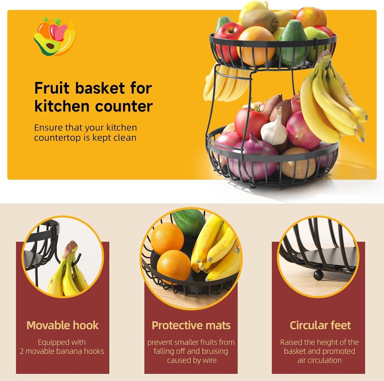 Wholesale 2 Tier Large Fruit Basket with 2 Banana Hangers, Stackable Metal Fruit Bowl for Kitchen Counter - Black, Factory Wholesale 2 Tier Large Fruit Basket with 2 Banana Hangers, Stackable Metal Fruit Bowl for Kitchen Counter - Black, Factory