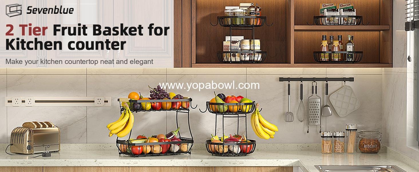Wholesale 2 Tier Large Fruit Basket with 2 Banana Hangers, Stackable Metal Fruit Bowl for Kitchen Counter - Black, Factory Wholesale 2 Tier Large Fruit Basket with 2 Banana Hangers, Stackable Metal Fruit Bowl for Kitchen Counter - Black, Factory