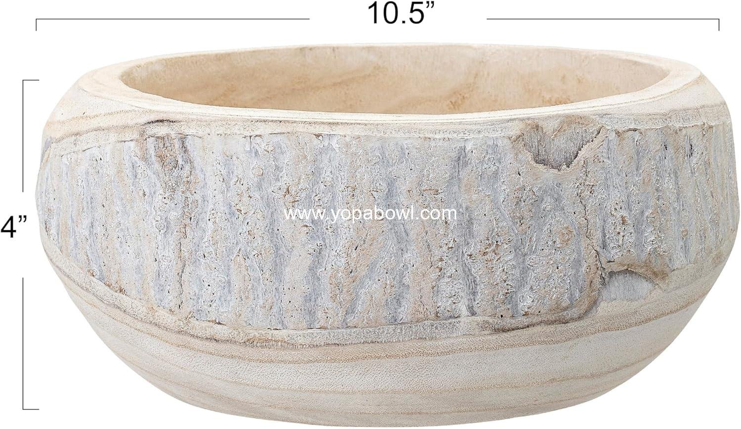 Wholesale Hand-Carved Paulownia Wood Bowl, Whitewashed, 10.5
