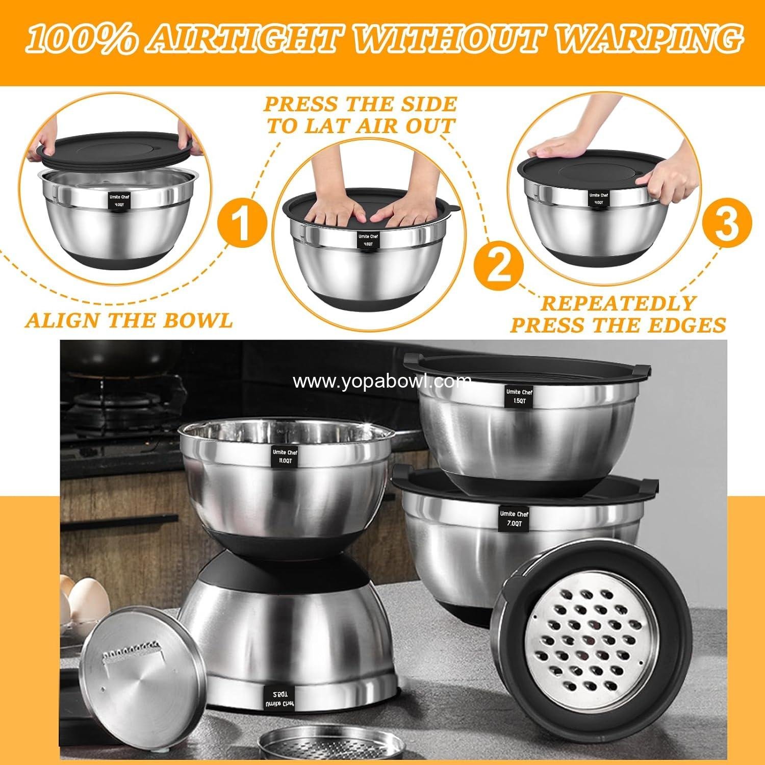 OEM 26-Piece Stainless Steel Mixing Bowls Set with Airtight Lids, 3 Grater Attachments, Non-Slip Bottoms, Sizes 1QT, 2.5QT, 4QT, 7QT - Ideal for Mixing and Serving, Factory