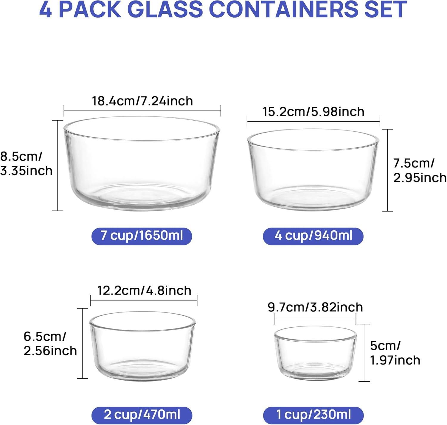 Wholesale 4 Pack Glass Bowls with Lids (1, 2, 4, 7 Cup) Food Storage Containers for Meal Prep, Leftovers, and Lunch, Microwave, Dishwasher & Freezer Safe - Factory