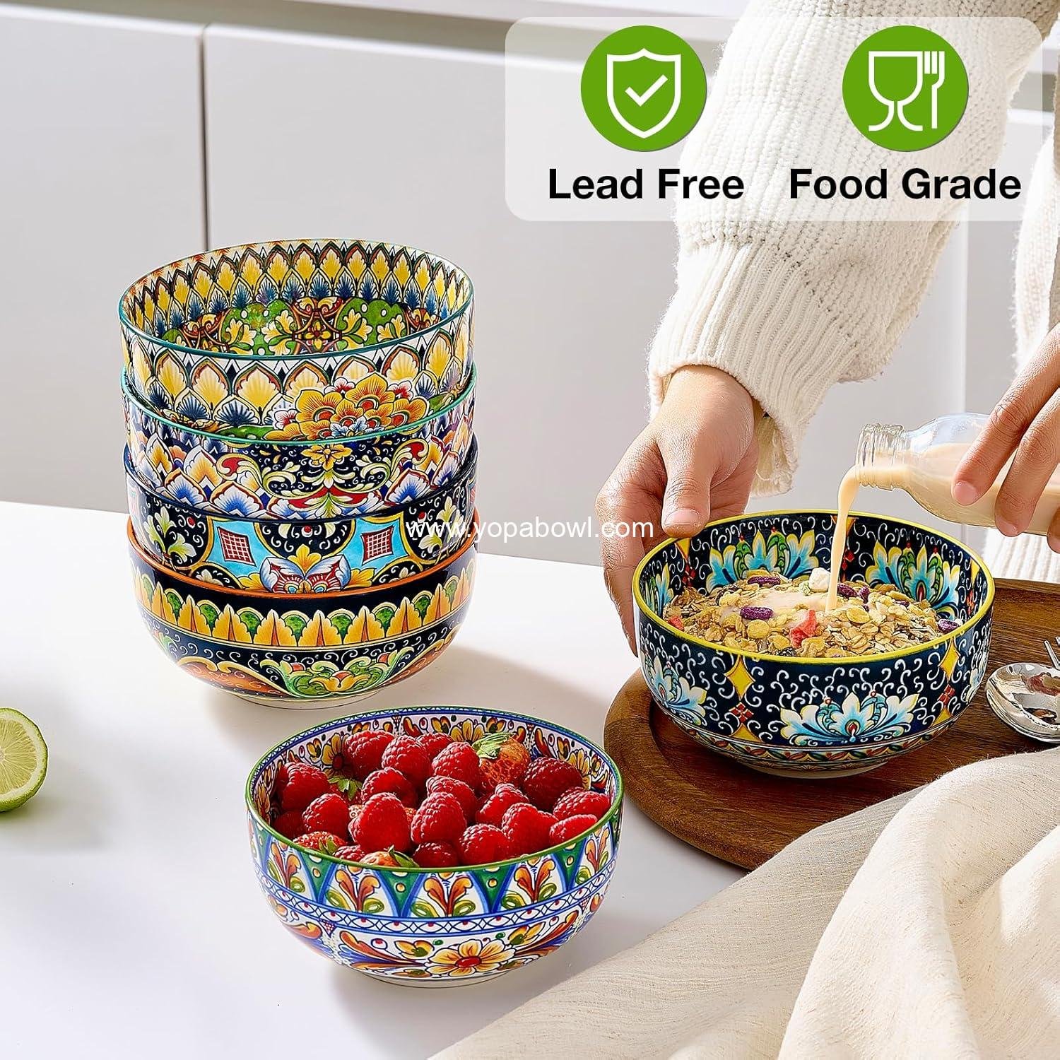 Wholesale Ceramic Cereal Bowls Set of 6, 28 oz Bohemian Colorful Soup and Dessert Bowls for Kitchen, Ideal for Salad, Pasta, Oatmeal, Ramen, and Fruit, Dishwasher & Microwave Safe Factory