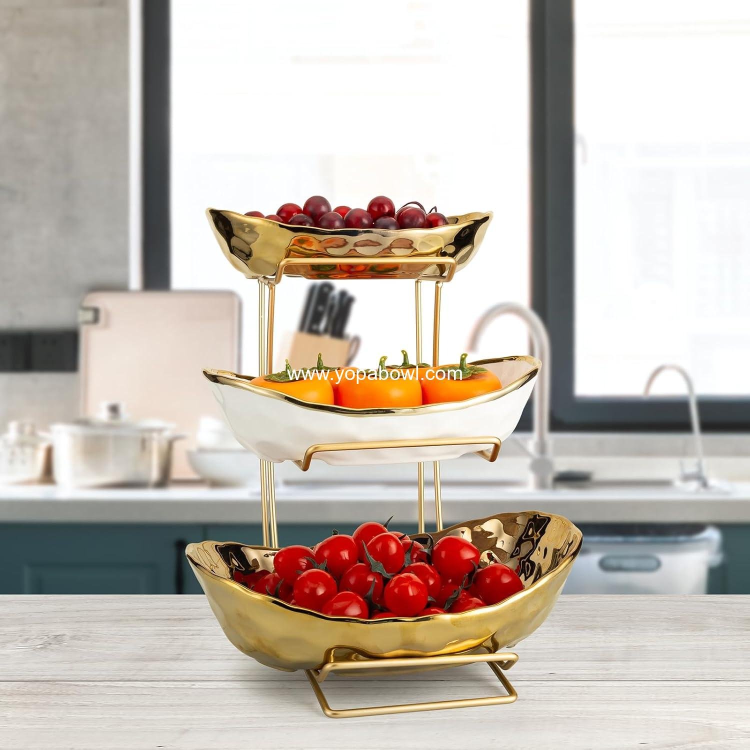 Wholesale 3 Tier Fruit Bowl for Kitchen Counter - White Gold Ceramic Stand for Countertop, Home Rack for Fruits, Vegetables, Snacks, Nuts, and Bread Storage (Gold) - Factory