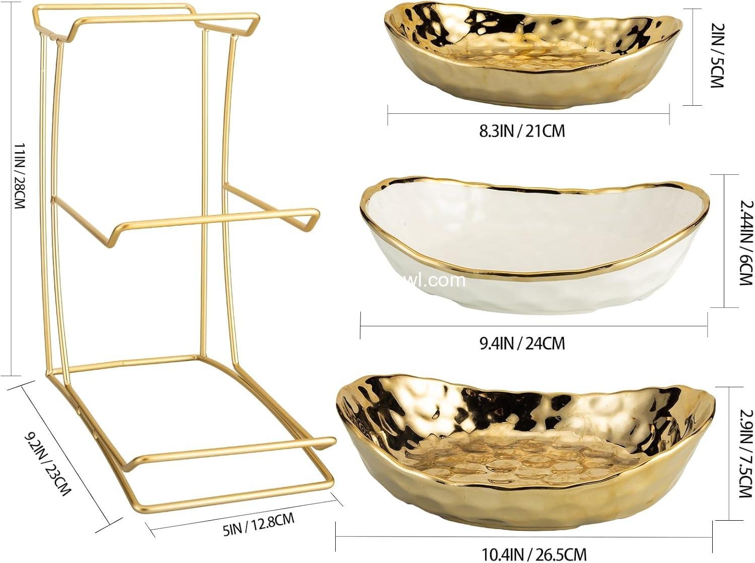 Wholesale 3 Tier Fruit Bowl for Kitchen Counter - White Gold Ceramic Stand for Countertop, Home Rack for Fruits, Vegetables, Snacks, Nuts, and Bread Storage (Gold) - Factory