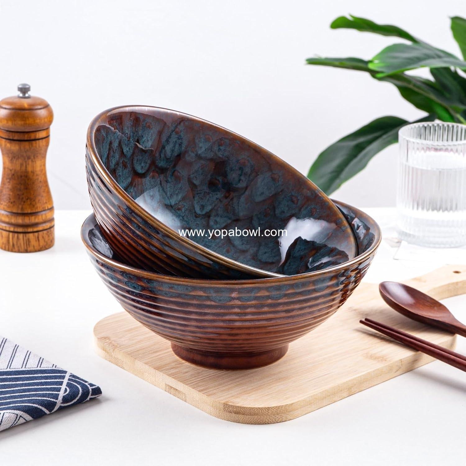 Wholesale Ceramic Ramen Bowl Set, 2 Asian Pho Udon Soup Bowls with Spoons and Chopsticks, 8 Inch Peacock Green - Factory