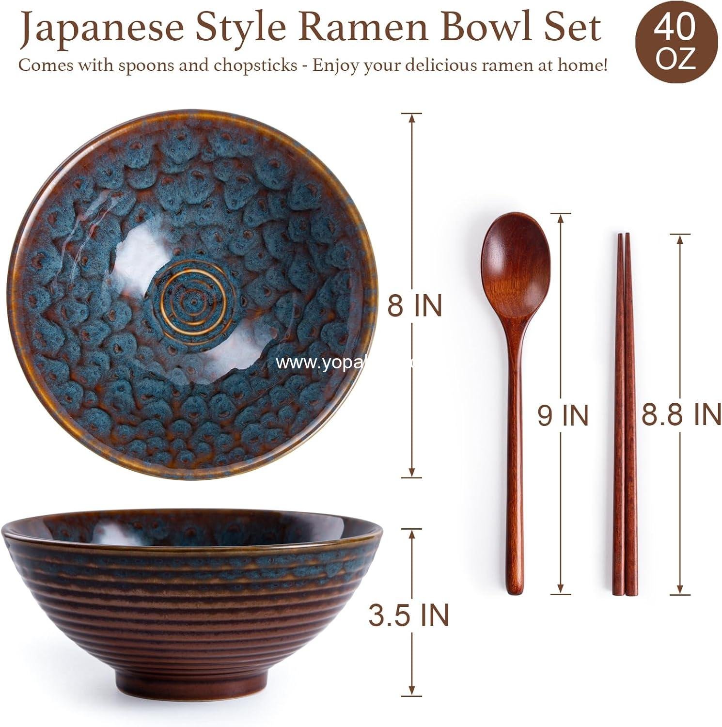 Wholesale Ceramic Ramen Bowl Set, 2 Asian Pho Udon Soup Bowls with Spoons and Chopsticks, 8 Inch Peacock Green - Factory