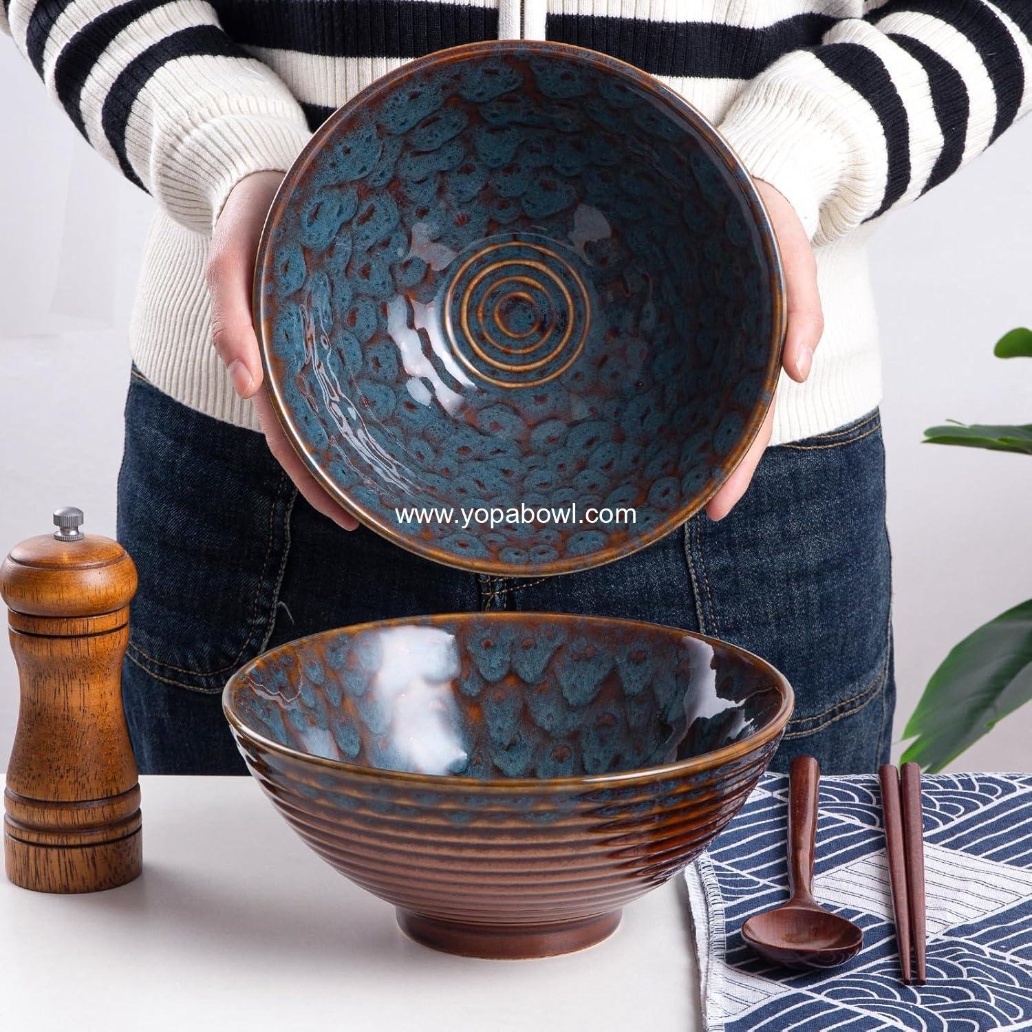 Wholesale Ceramic Ramen Bowl Set, 2 Asian Pho Udon Soup Bowls with Spoons and Chopsticks, 8 Inch Peacock Green - Factory