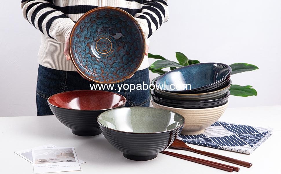Wholesale Ceramic Ramen Bowl Set, 2 Asian Pho Udon Soup Bowls with Spoons and Chopsticks, 8 Inch Peacock Green - Factory