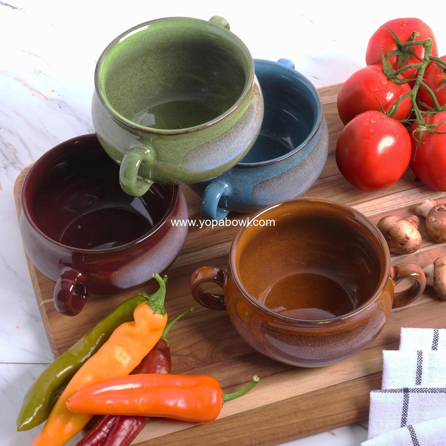 Wholesale Stoneware 24oz Reactive Glaze Soup Crocks Set of 4 - Ideal for soups, stews, casseroles, oven-safe, microwave- and dishwasher-friendly with easy-grip handles for serving. Factory. Wholesale Stoneware 24oz Reactive Glaze Soup Crocks Set of 4 - Ideal for soups, stews, casseroles, oven-safe, microwave- and dishwasher-friendly with easy-grip handles for serving. Factory.