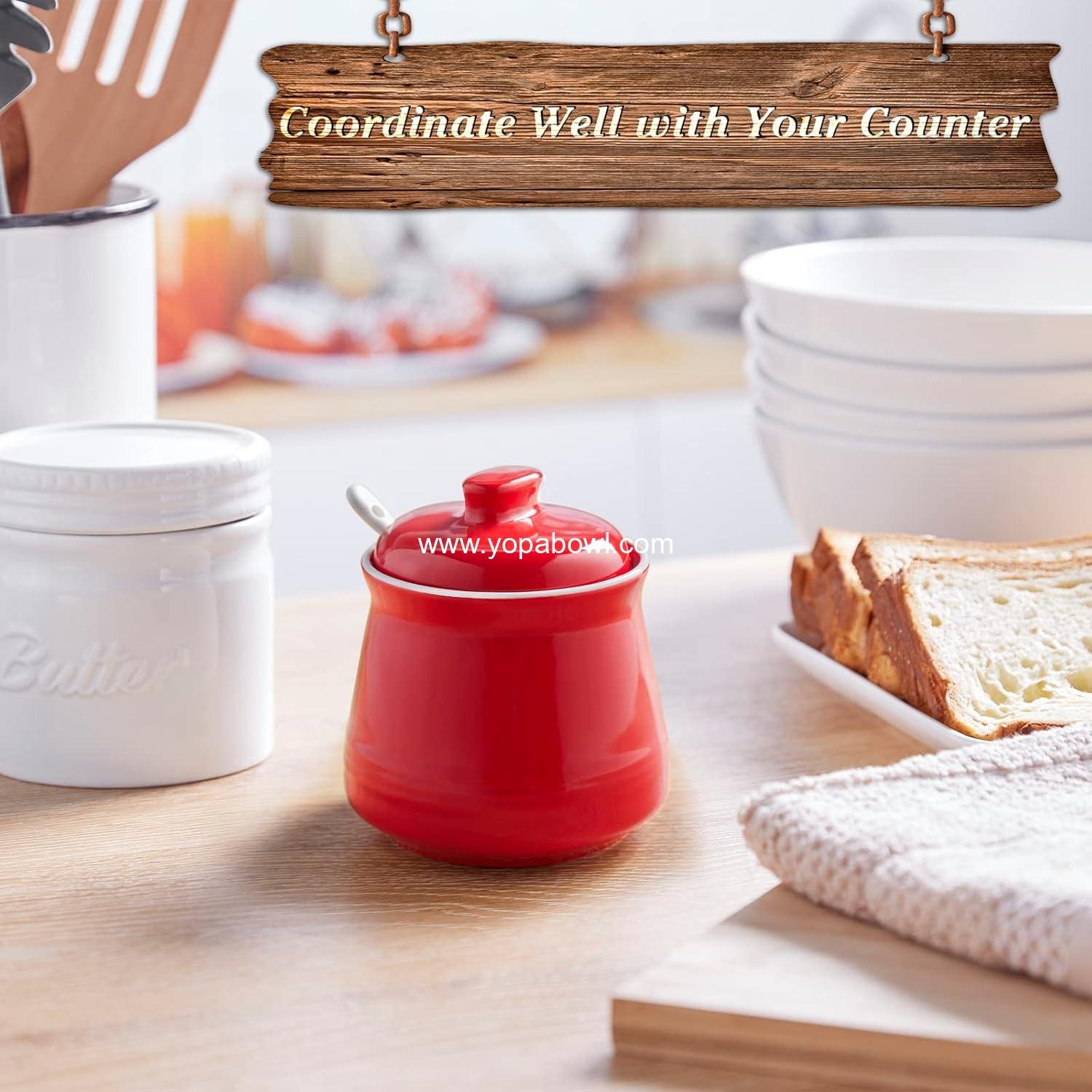 Wholesale Sugar Bowl with Lid and Spoon, 12 oz Ceramic Sugar Jar for Coffee Bar, Red Kitchen Decor and Accessories Factory Wholesale Sugar Bowl with Lid and Spoon, 12 oz Ceramic Sugar Jar for Coffee Bar, Red Kitchen Decor and Accessories Factory