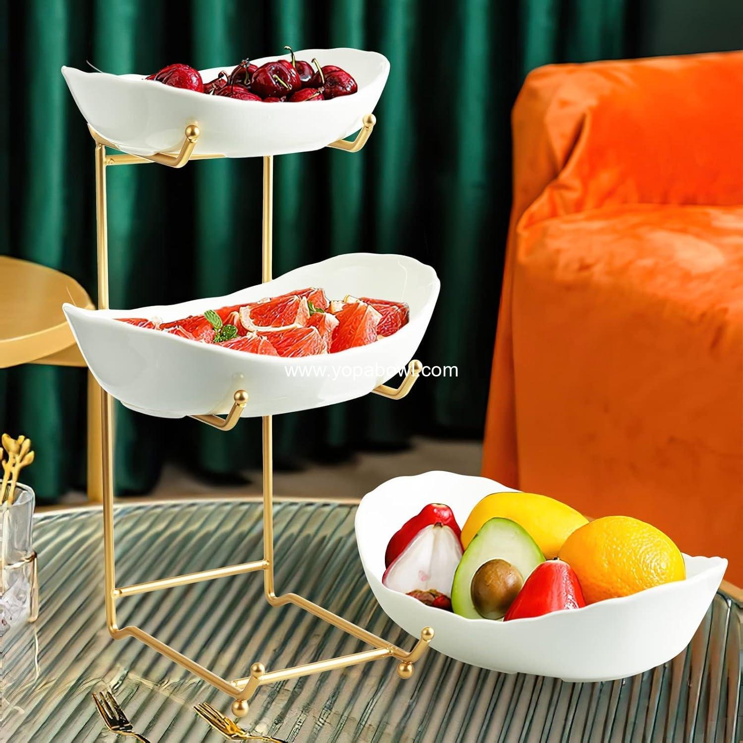 Wholesale Ceramic Fruit Bowl for Kitchen Counter - 3 Tier Metal Stand Fruit Basket for Snack, Nuts, Cake, Dessert - Small & Cute (Gold) Manufacturer