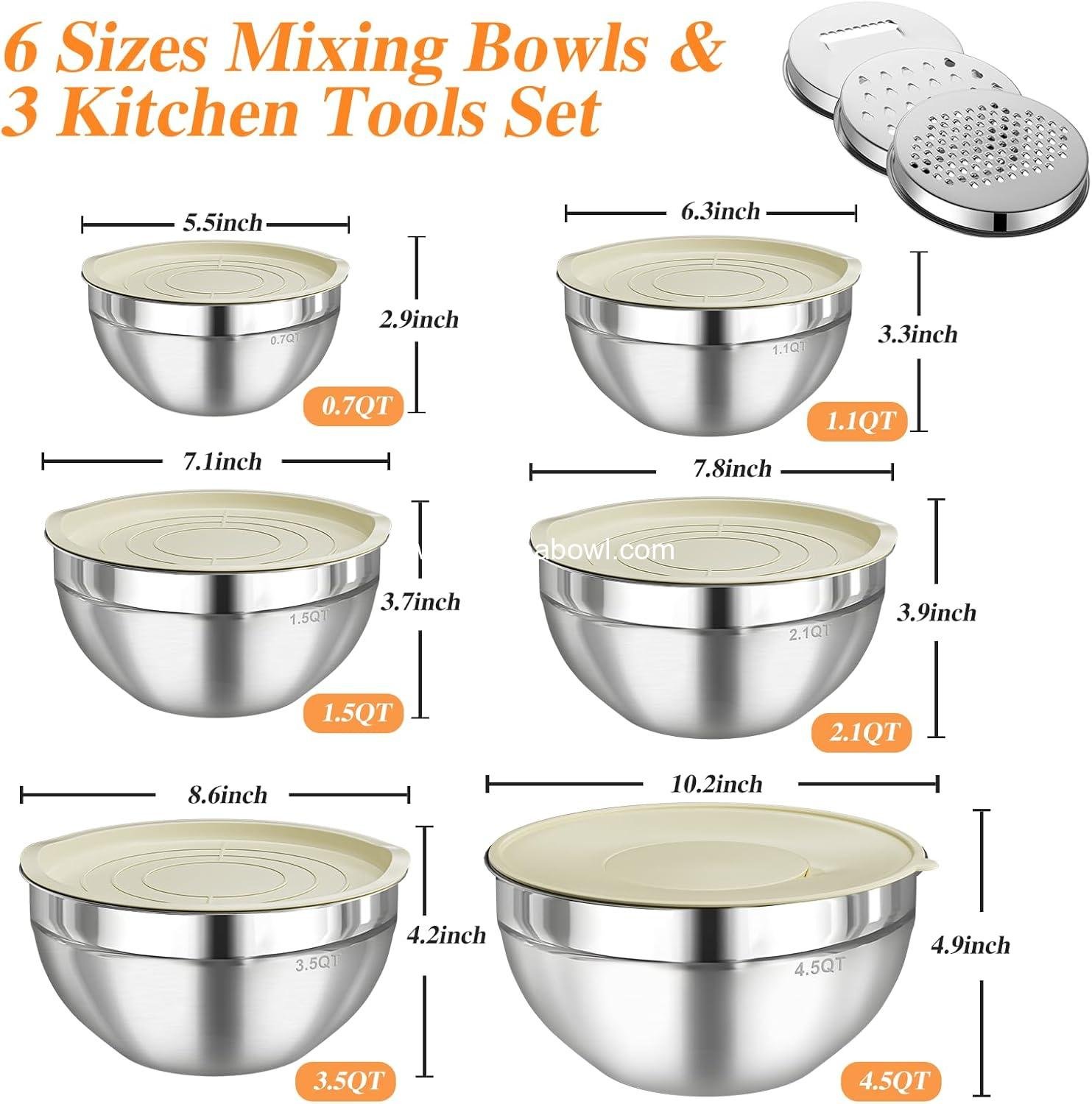 Wholesale Mixing Bowls with Lids Set - 6 PCS Stainless Steel Bowls with 3 Grater Attachments for Kitchen Food Storage, Nesting Design, Large Sizes: 4.5QT, 3.5QT, 2.1QT, 1.5QT, 1.1QT, 0.7QT - Factory