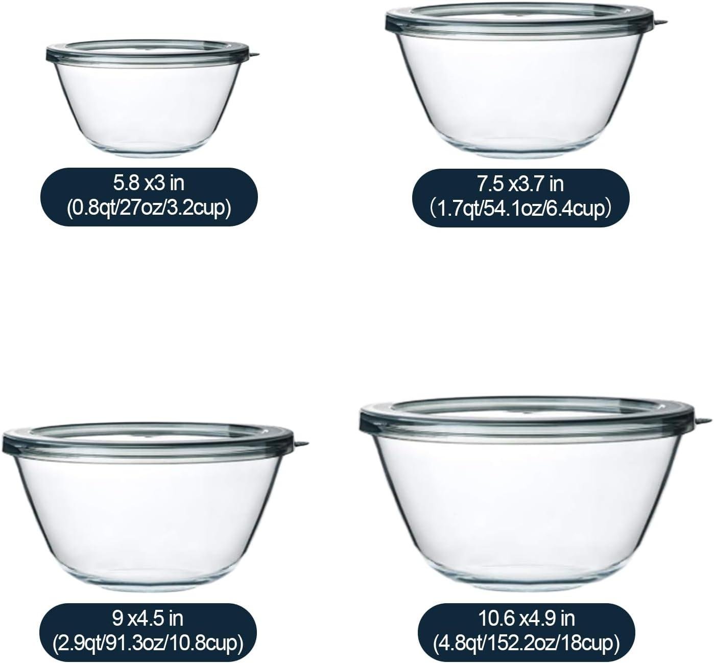 Wholesale Glass Mixing Bowls with Lids - 4-Pack Set for Meal Prep and Food Storage, Nesting Bowls for Cooking and Baking, BPA-Free, Sizes: 0.8 Qt, 1.7 Qt, 1.6 Qt, 2.9 Qt, 4.8 Qt, Factory