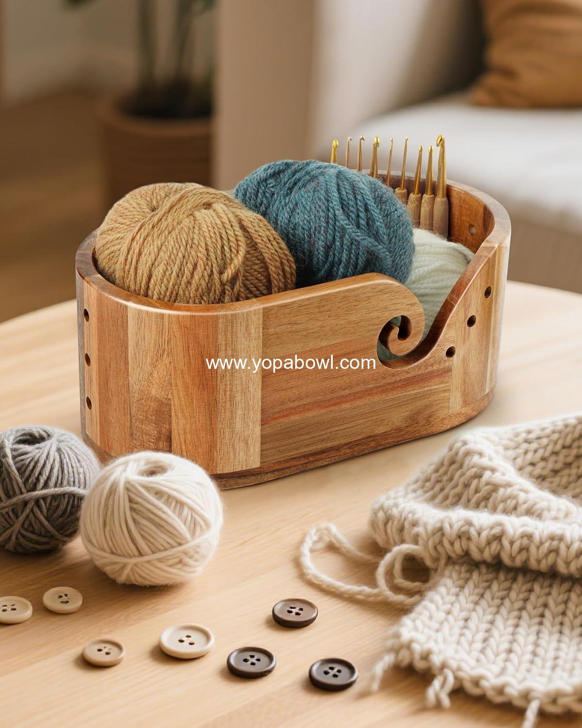 Wholesale Oval Yarn Bowl, Crochet Yarn Holder with 9 Knitting Hooks, Large Acacia Wooden Yarn Storage 11.3x5.9x4.7 inches for Crocheters, Factory