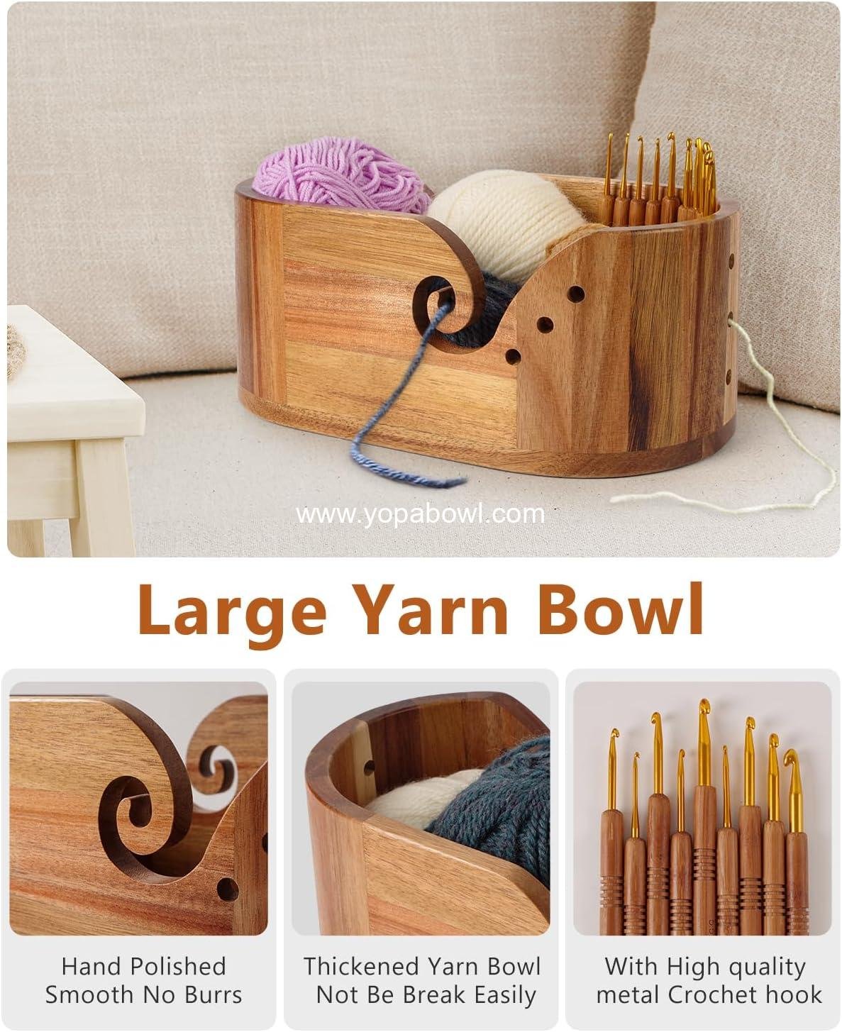 Wholesale Oval Yarn Bowl, Crochet Yarn Holder with 9 Knitting Hooks, Large Acacia Wooden Yarn Storage 11.3x5.9x4.7 inches for Crocheters, Factory