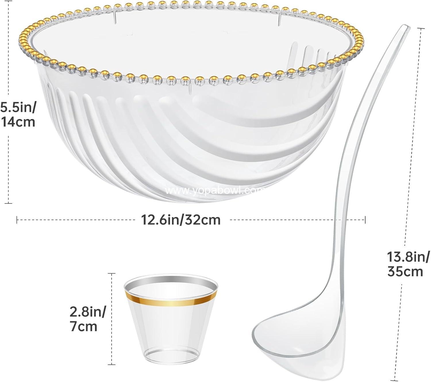 Wholesale Large Plastic Punch Bowl Set with Ladle and 25 Gold-Rimmed Cups for Weddings, Birthdays, BBQs, Baby Showers, and Holidays - 1.7 Gallon Reusable Clear Bowl for Drinks, Salads, and Snacks - Factory