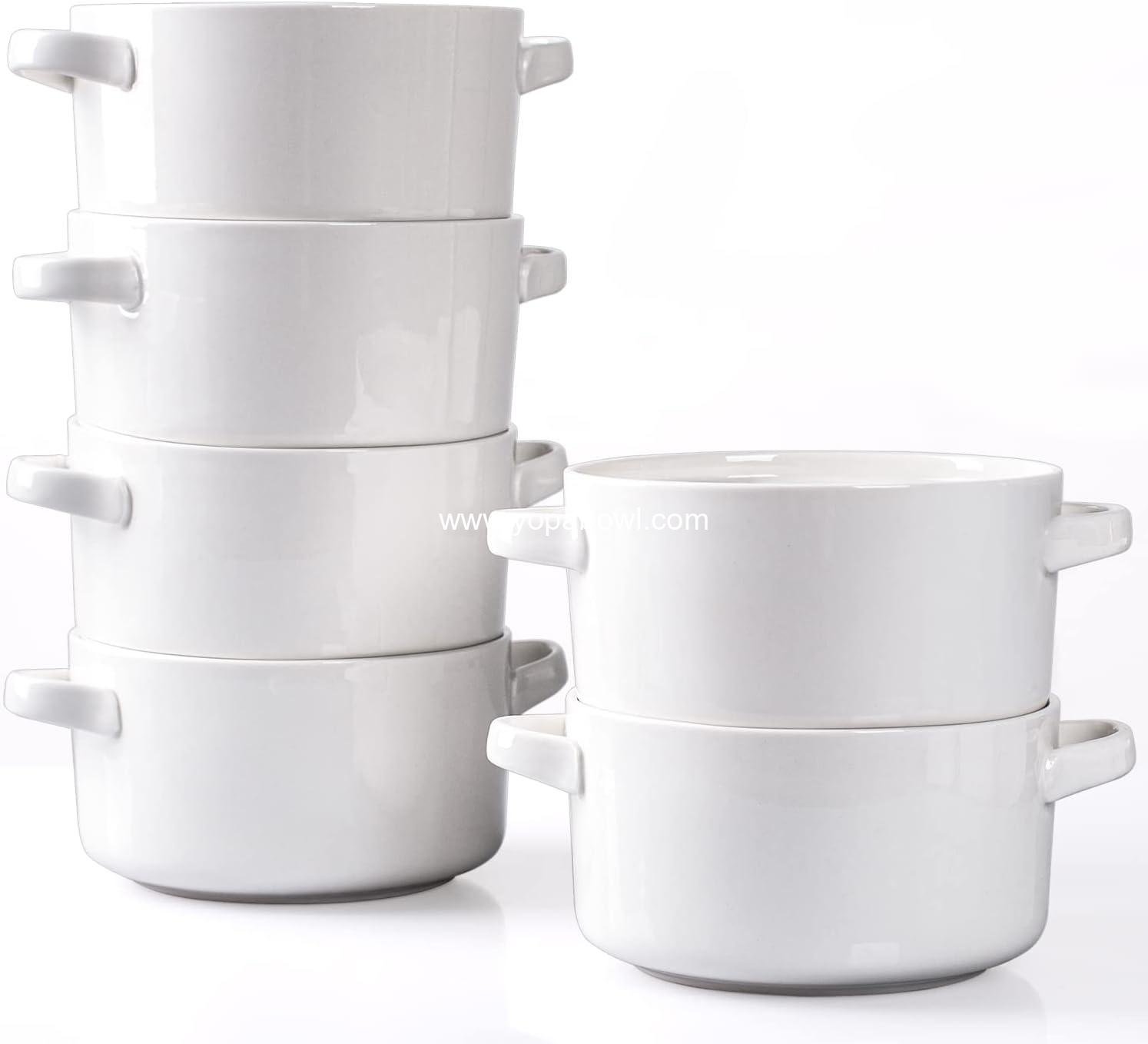 Wholesale 6 Pack Large 24 Oz Soup Bowls with Handles, Ceramic Crocks for French Onion Soup, Cereal, Chilli, Stew, Microwave and Oven Safe, White Factory