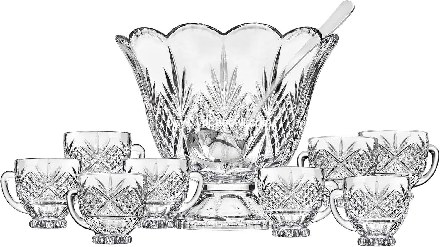 Wholesale Crystal Punch Bowl Set with 8 Cups and Ladle - 10 Piece Set - Factory