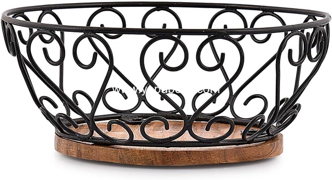 Wholesale Iron Fruit Bowl with Wooden Base for Kitchen Countertop, Dining Room, and Pantries (9