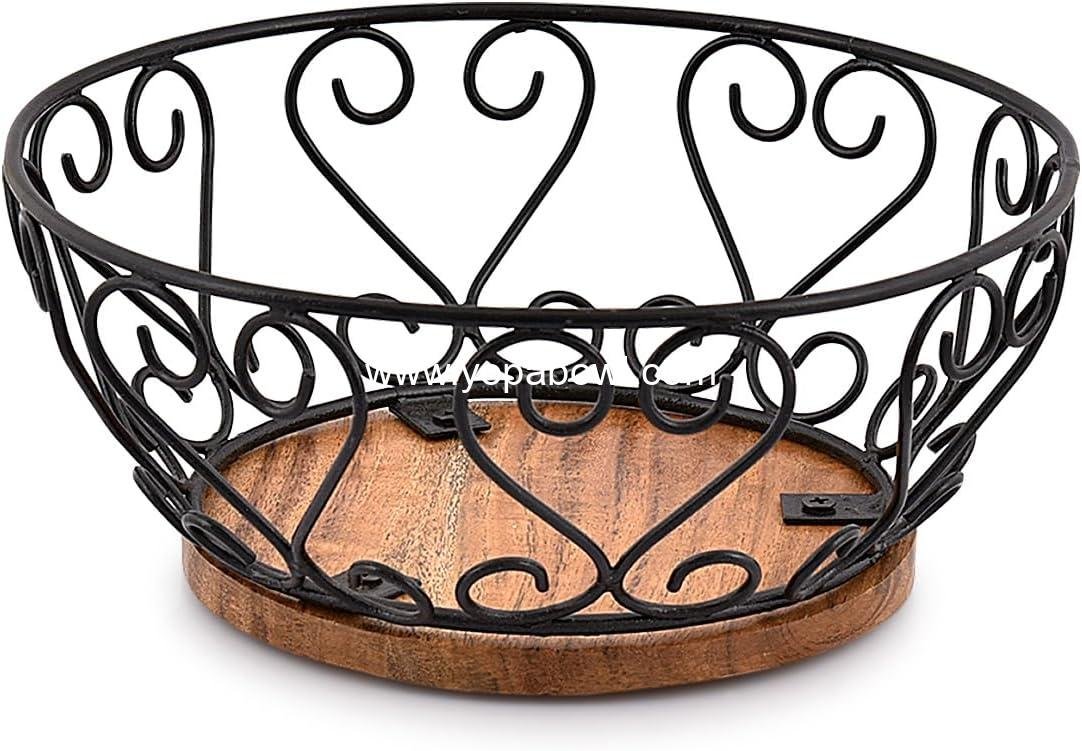 Wholesale Iron Fruit Bowl with Wooden Base for Kitchen Countertop, Dining Room, and Pantries (9
