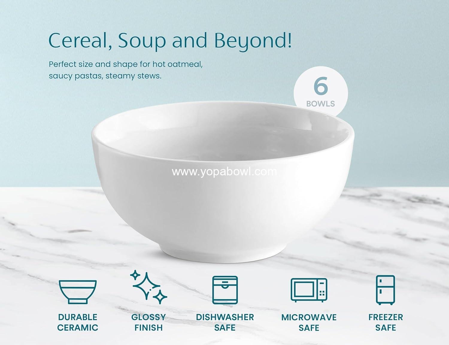 OEM White Ceramic Soup and Cereal Bowls - 20 oz, Set of 6, Deep Interior, Microwave, Dishwasher, and Freezer Safe; Perfect for Pasta, Salad, and Oatmeal - Factory