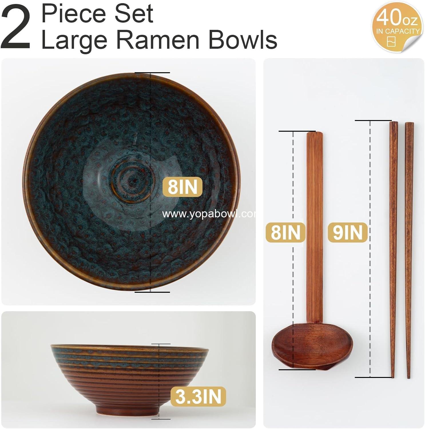 Wholesale 8-Inch Ceramic Ramen Bowls Set of 2, 40oz Japanese Bowls with Spoons & Chopsticks, Durable, Microwave & Dishwasher Safe, Ideal for Ramen, Pho, Salad, Soup, Noodles, Mixing Bowls (Verdigris Green) Factory