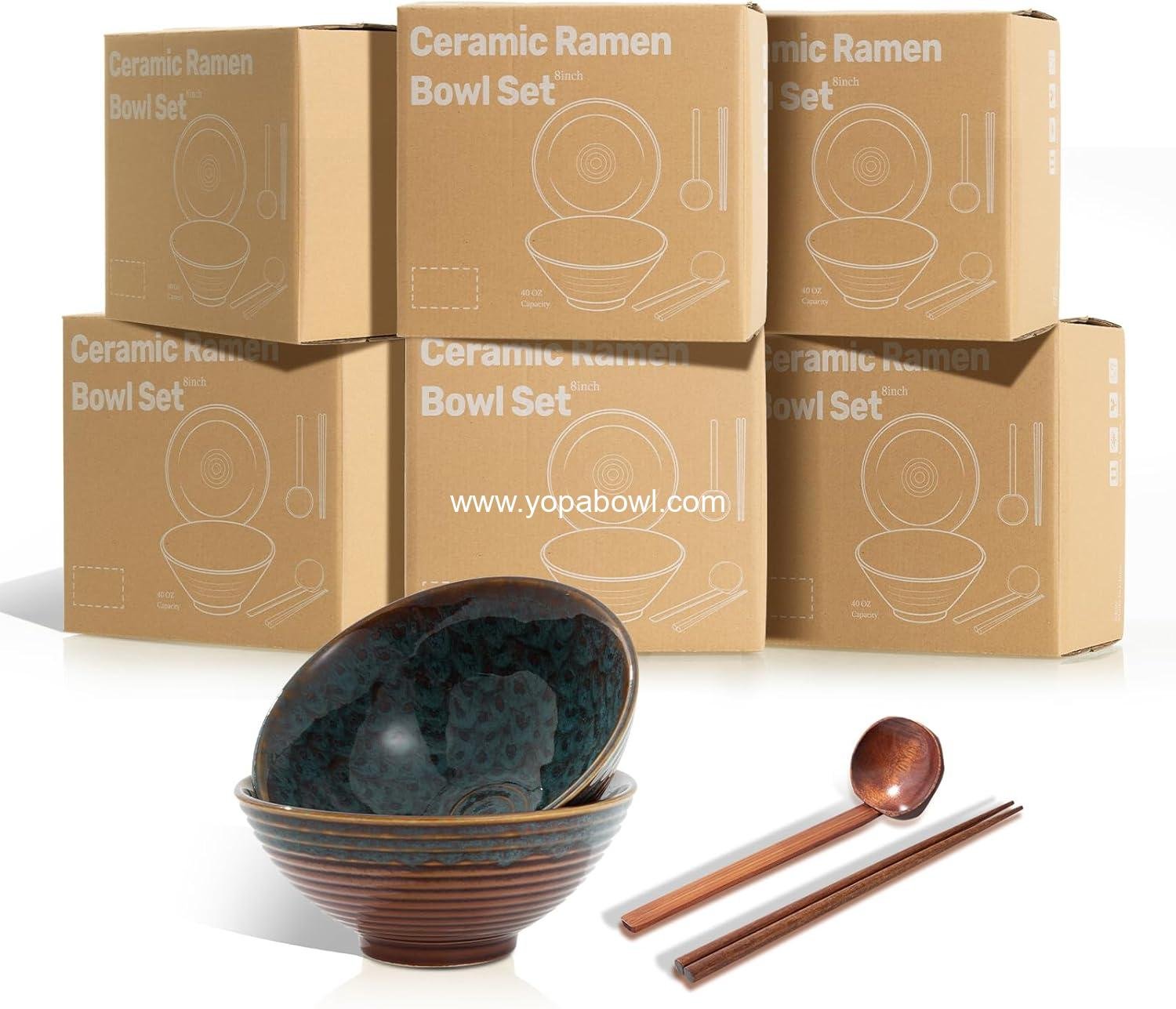 Wholesale 8-Inch Ceramic Ramen Bowls Set of 2, 40oz Japanese Bowls with Spoons & Chopsticks, Durable, Microwave & Dishwasher Safe, Ideal for Ramen, Pho, Salad, Soup, Noodles, Mixing Bowls (Verdigris Green) Factory