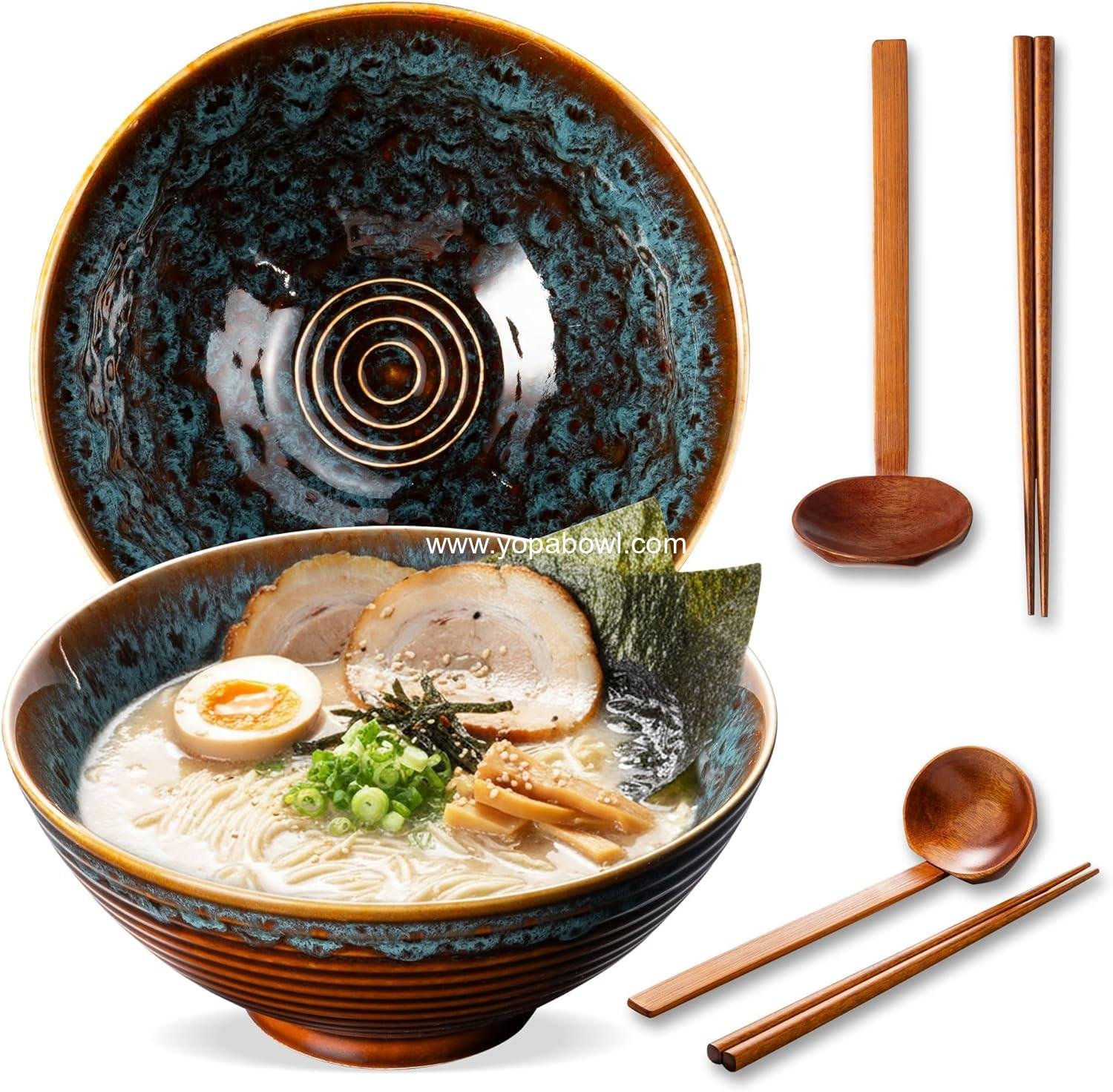 8 Inch Ceramic Ramen Bowl Set of 2, 40oz Japanese Bowls with Spoons & Chopsticks,Durable,Microwave & Dishwasher Safe,Perfect for Ramen,Pho,Salad,Soup,Noodles，Mixing bowls（Verdigris Green）