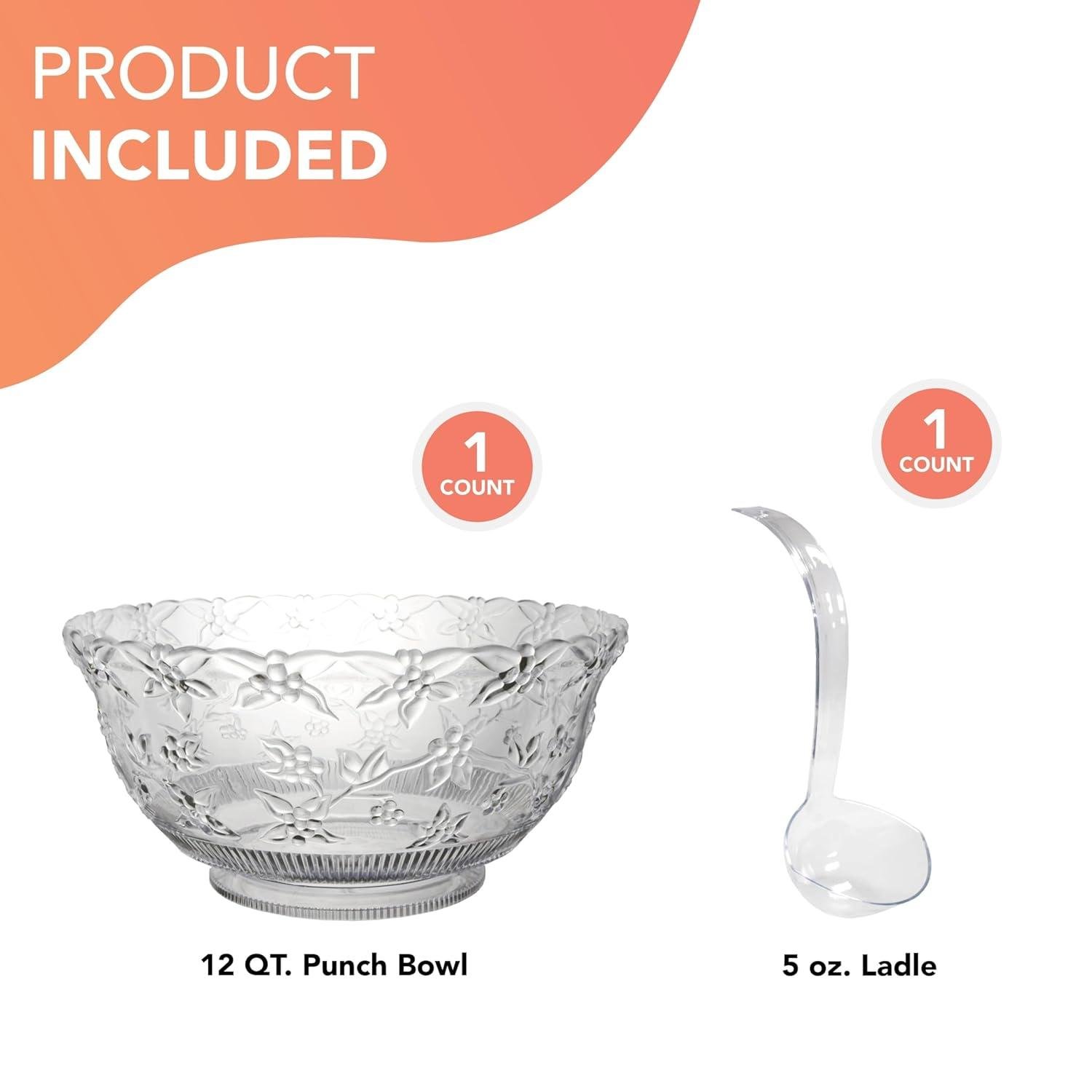 Wholesale 12-Quart Clear Plastic Punch Bowl with Ladle – Floral Design – Large Bowl for Parties, Weddings, Egg Nog, Salads, Snacks, or Treats – Manufacturer