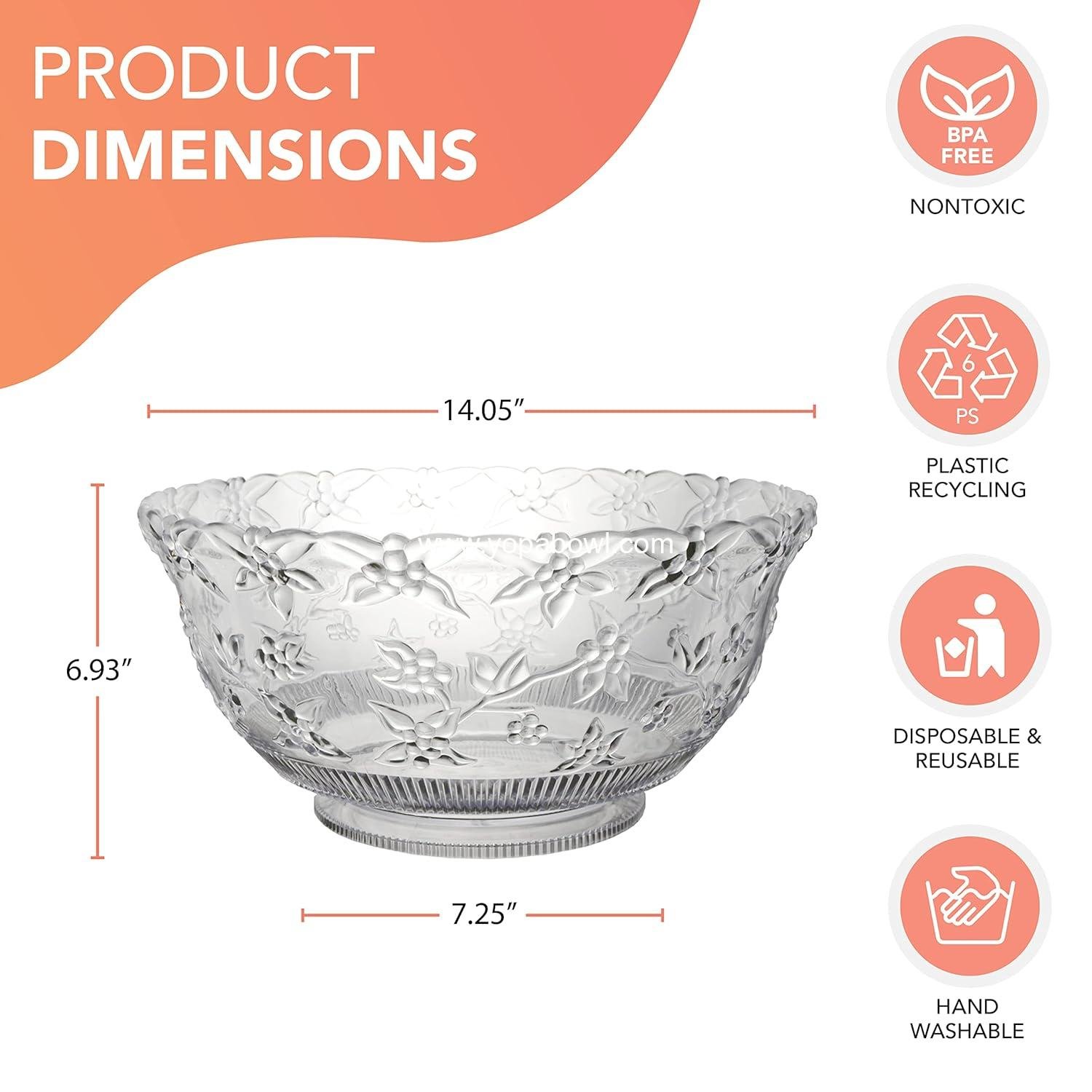 Wholesale 12-Quart Clear Plastic Punch Bowl with Ladle – Floral Design – Large Bowl for Parties, Weddings, Egg Nog, Salads, Snacks, or Treats – Manufacturer