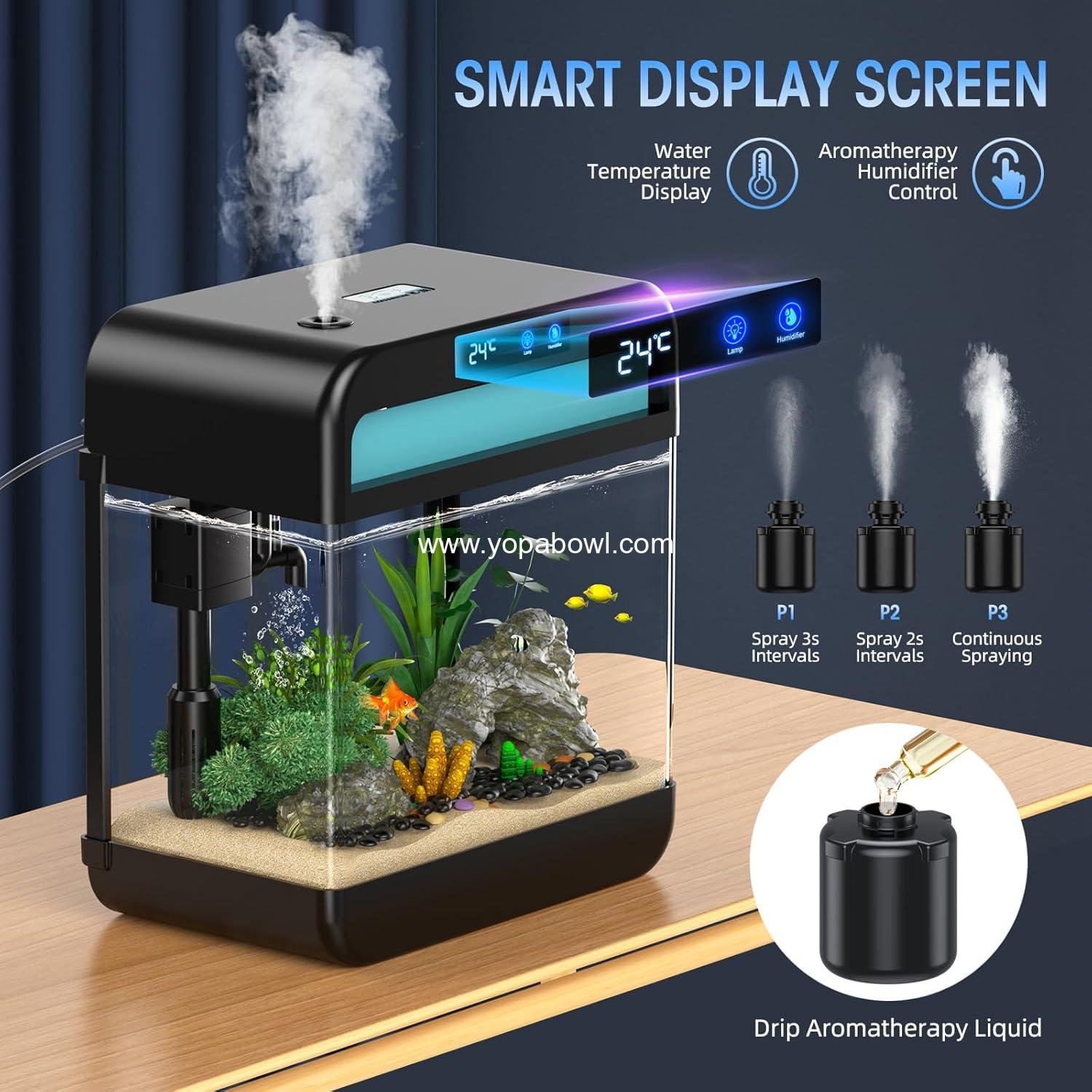 Wholesale 2.2 Gallon Fish Tank Bowl with Humidifier, 7-Color Auto-Looping Light, Quiet 3-in-1 Pump with Filtration, Oxygenation, and Circulation, Temperature Display, HD Float Glass, Thickened Base - Manufacturer