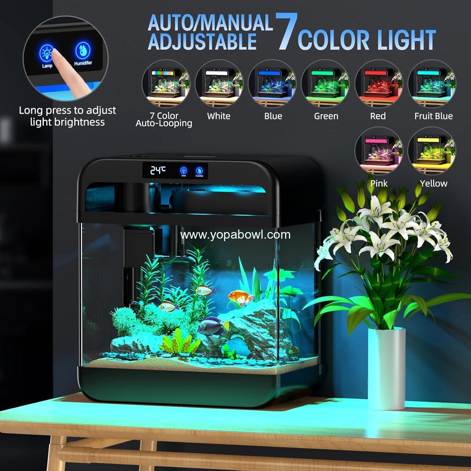 Wholesale 2.2 Gallon Fish Tank Bowl with Humidifier, 7-Color Auto-Looping Light, Quiet 3-in-1 Pump with Filtration, Oxygenation, and Circulation, Temperature Display, HD Float Glass, Thickened Base - Manufacturer
