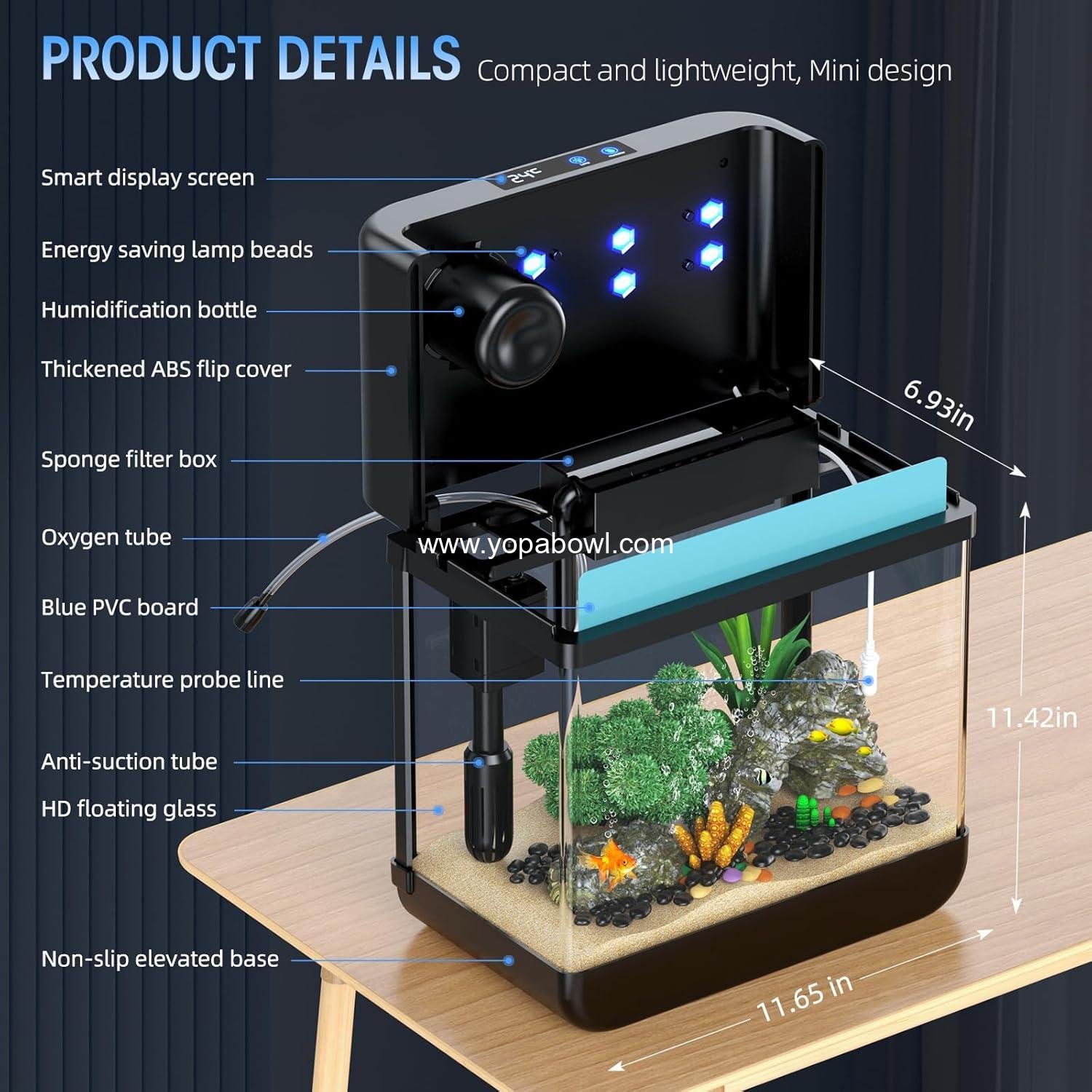 Wholesale 2.2 Gallon Fish Tank Bowl with Humidifier, 7-Color Auto-Looping Light, Quiet 3-in-1 Pump with Filtration, Oxygenation, and Circulation, Temperature Display, HD Float Glass, Thickened Base - Manufacturer