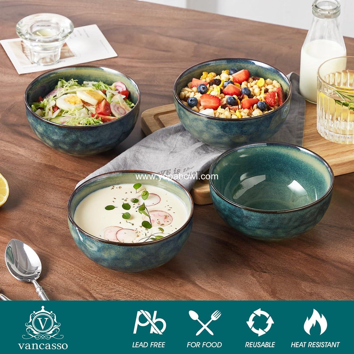 Wholesale 24oz Ceramic Deep Soup Bowls Set of 4, Green Cereal, Salad, Pasta, Oatmeal Bowls, Lead-free, Dishwasher & Microwave Safe, Factory
