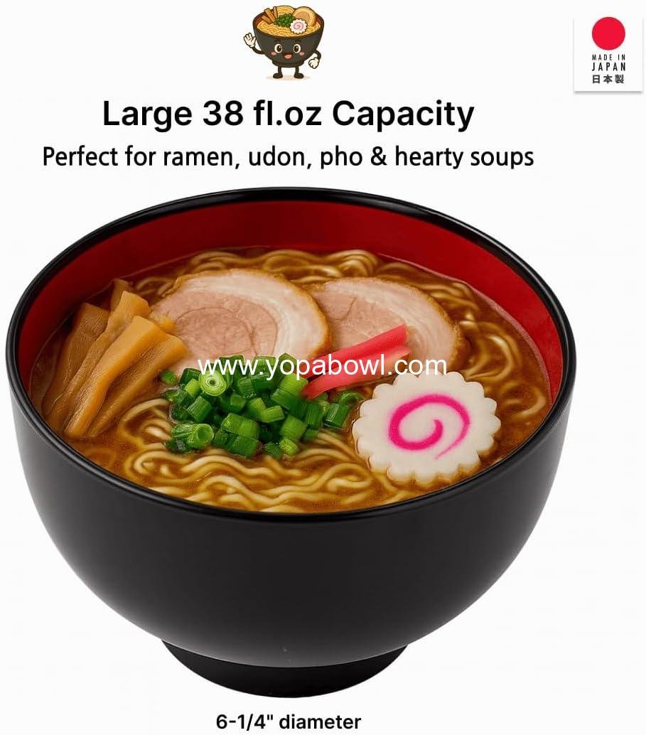 Wholesale Authentic Japanese Plastic Ramen Bowl, Black and Red Lacquered Noodle Soup Bowl, Food Safe BPA Free, Microwave and Dishwasher Safe, 38 oz Factory