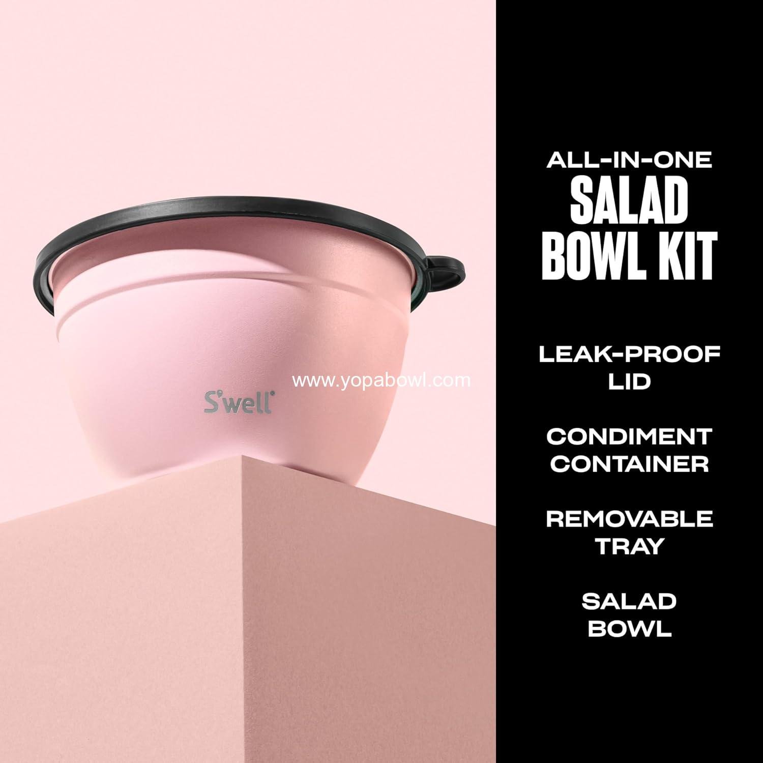 Wholesale Stainless Steel 64oz Salad Bowl Kit, Pink Topaz, Includes 2oz Mini Canister and Removable Tray, Leakproof, Dishwasher Safe, Factory