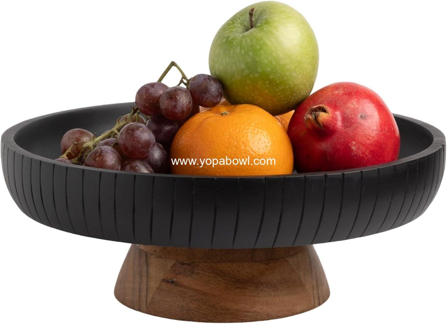 Mango Wood fruit bowl, Decorative black bowl with natural finish pedestal | 12" dia | Dual tone look | Use as Centerpiece for kitchen counter or dining table (Black)