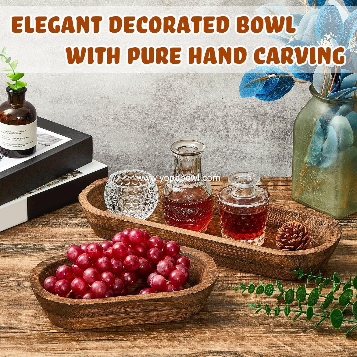 Wholesale Wooden Dough Bowl Set - Rustic Long Wood Bowls for Kitchen Dining Table Decoration, 10 x 6 x 2 Inch & 16 x 6 x 2 Inch, Brown - Factory