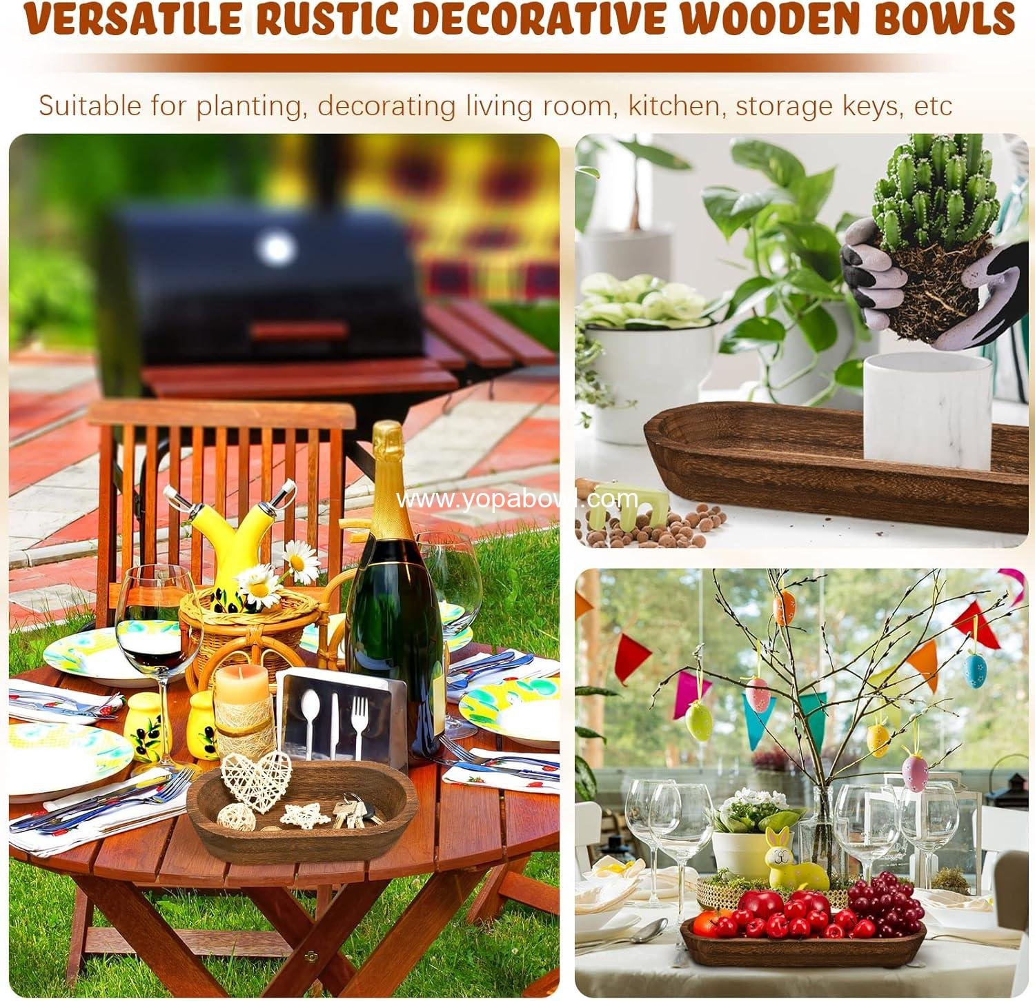 Wholesale Wooden Dough Bowl Set - Rustic Long Wood Bowls for Kitchen Dining Table Decoration, 10 x 6 x 2 Inch & 16 x 6 x 2 Inch, Brown - Factory