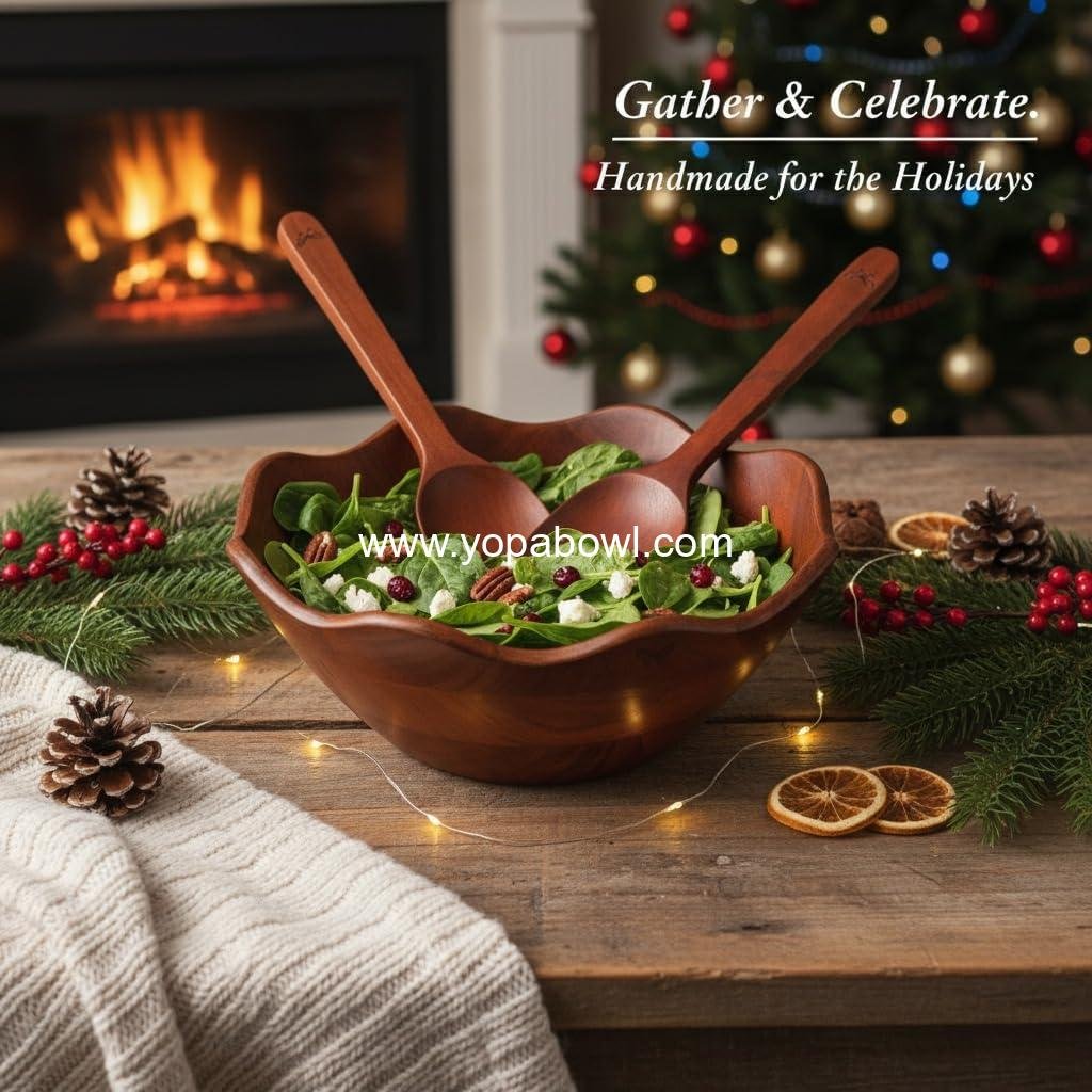 Wholesale Large Wooden Salad Bowl Set with 2 Serving Utensils | 12