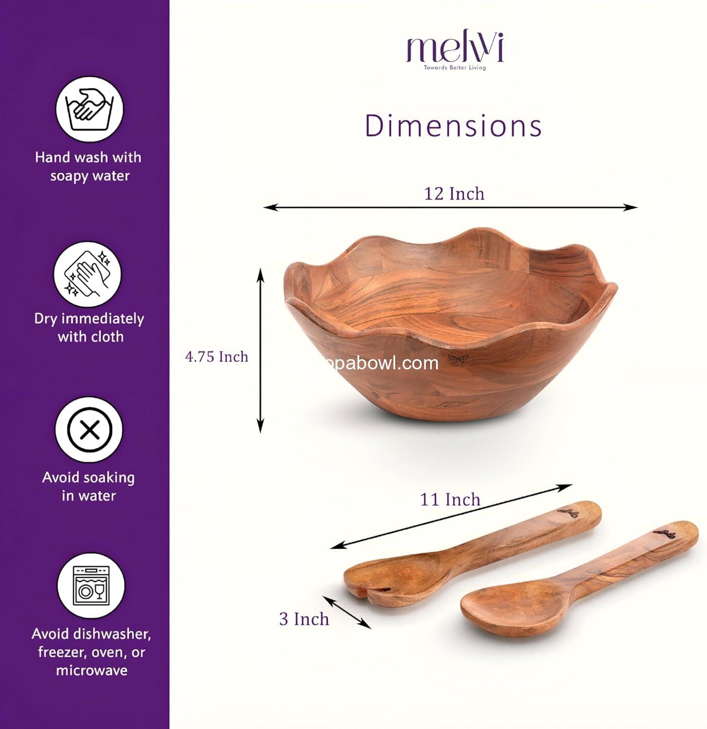 Wholesale Large Wooden Salad Bowl Set with 2 Serving Utensils | 12