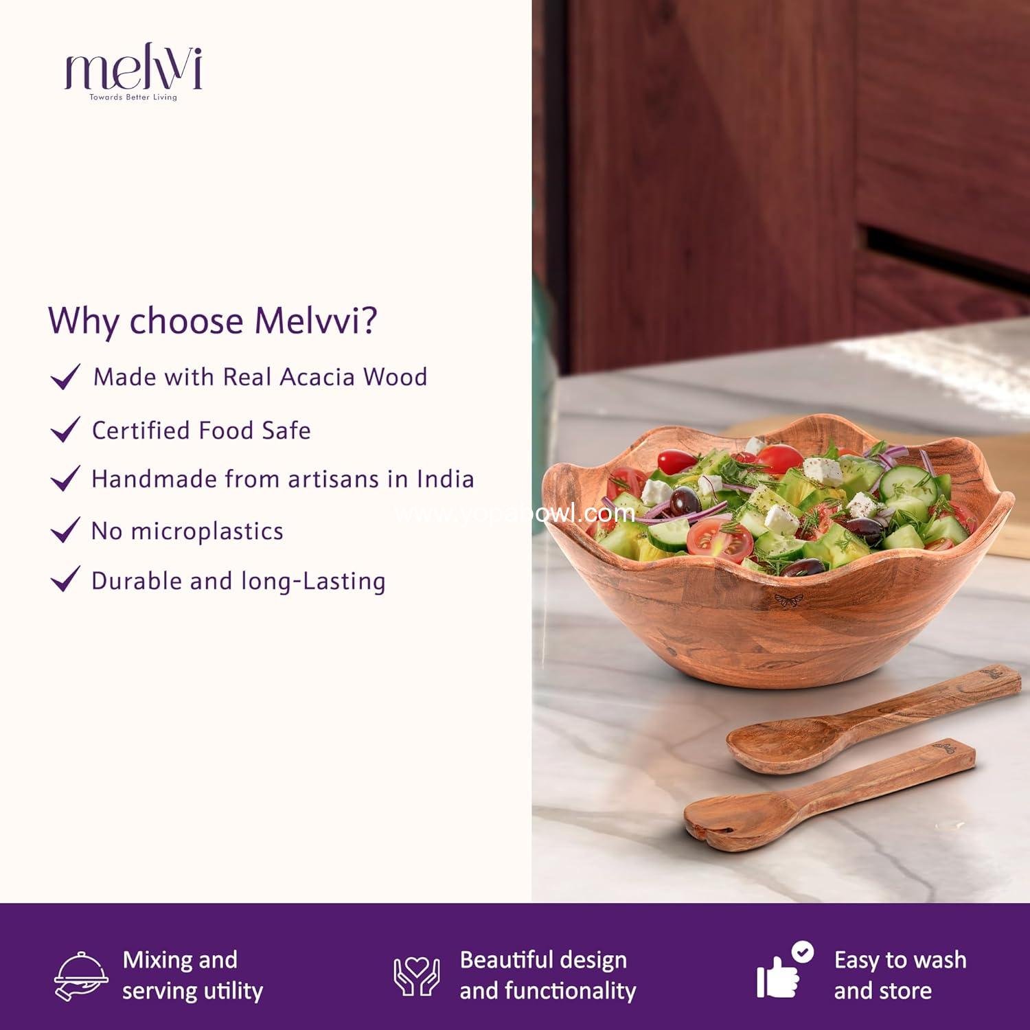 Wholesale Large Wooden Salad Bowl Set with 2 Serving Utensils | 12